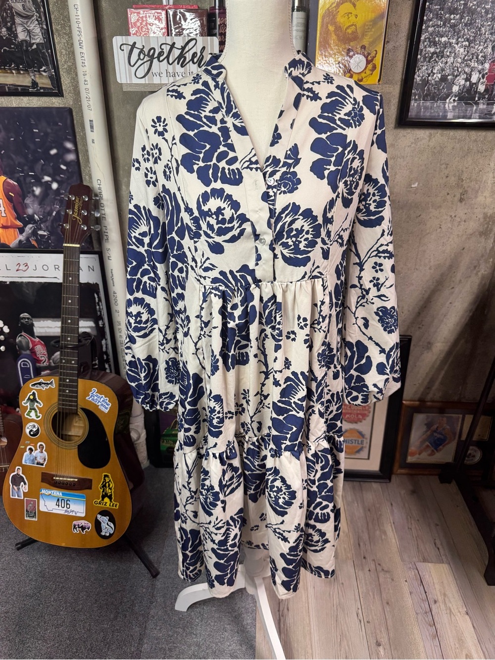 Blue Floral Long-Sleeve Tiered V-Neck Dress